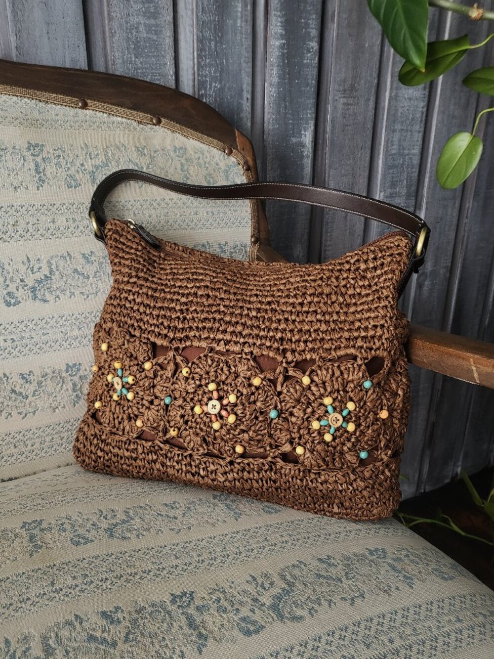 Vintage 2000s Brown Woven Straw Shoulder Bag Beaded Y2K Boho Purse